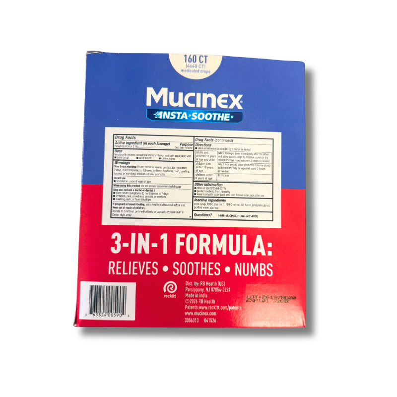 Mucinex InstaSoothe Sore Throat + Pain Relief Elderberry & Wild Cherry Flavor, Fast Acting, Powerful Oral Pain Reliever, 160 Count Medicated Drops