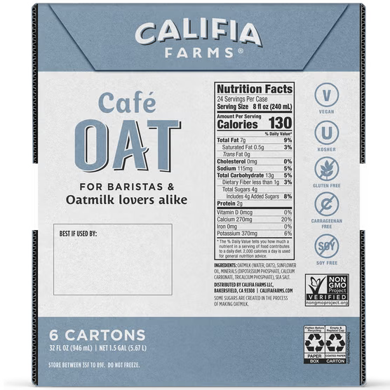 Califia Farms Cafe Oatmilk, Dairy Free, 32 fl oz, 6 ct