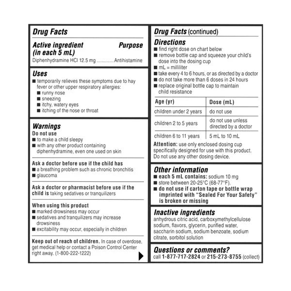Children's Benadryl Diphenhydramine HCl Dye-Free Allergy Bubble Gum Flavor Liquid, 16 Fluid Ounces