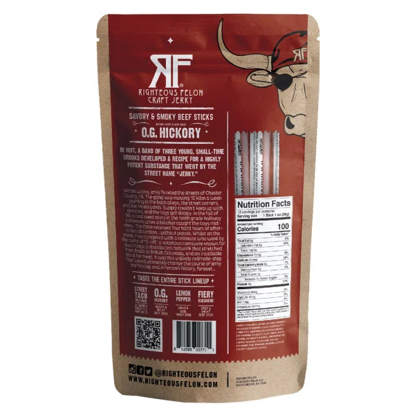Righteous Felon Craft Jerky, O.G. Hickory Beef Stick, 1 oz, 12-count