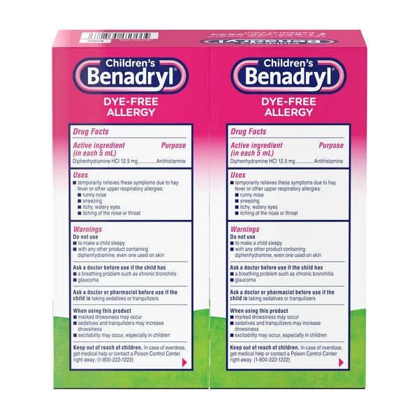 Children's Benadryl Diphenhydramine HCl Dye-Free Allergy Bubble Gum Flavor Liquid, 16 Fluid Ounces