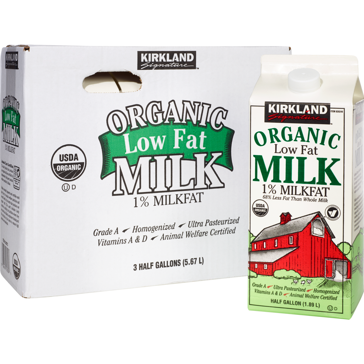 Kirkland Signature Organic Milk, 1% Low Fat, Half Gallon, 3 ct