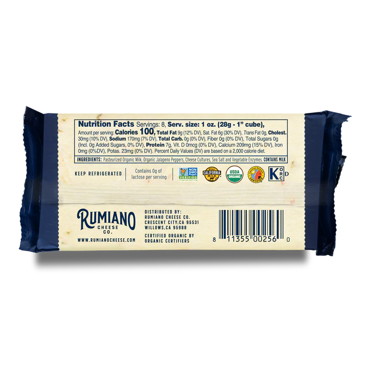 Rumiano Organic Pepper Jack Cheese Bar, 8 oz