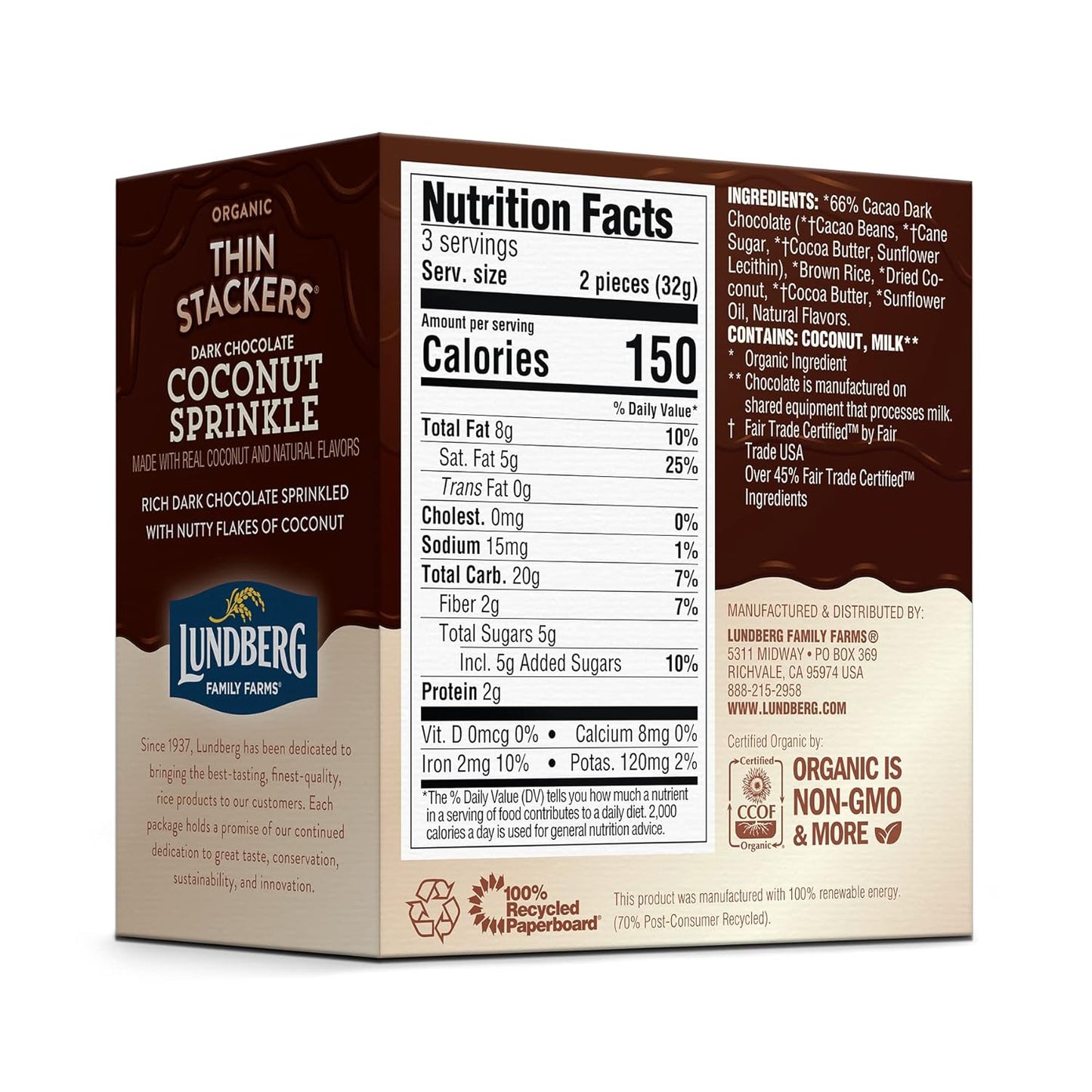 Lundberg Organic Dark Chocolate Coconut Sprinkle Thin Stackers, 3.4 oz