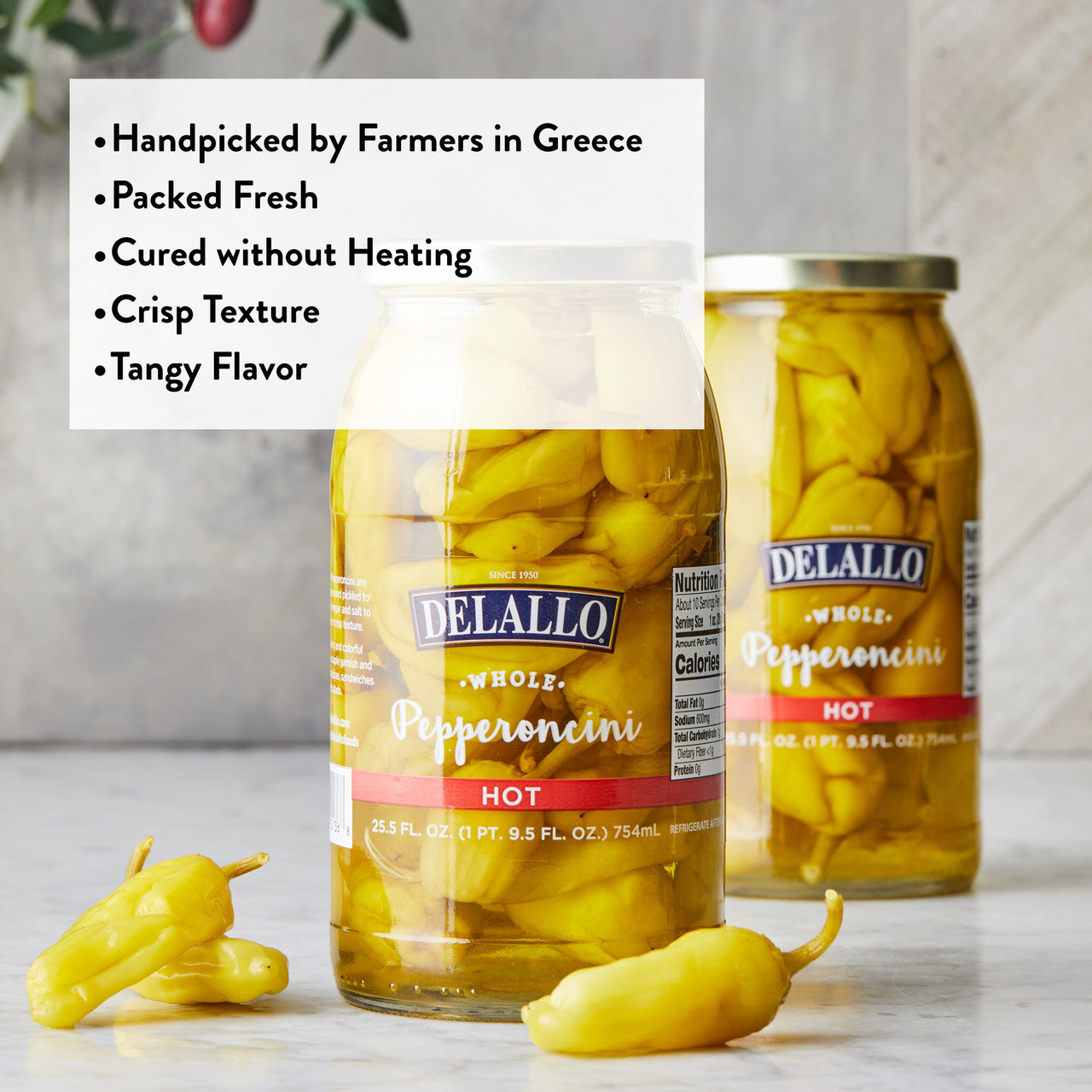 Delallo Whole Hot Pepperoncinis, 25.5 oz