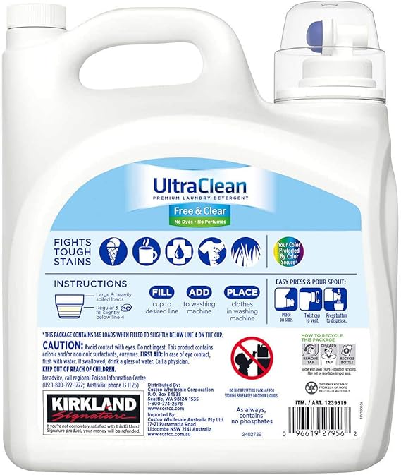 Kirkland Signature Ultra Free & Clear Liquid Laundry Detergent 146 Loads, 194 oz