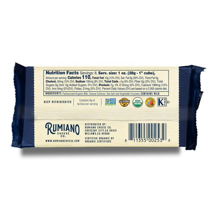 Rumiano Organic Medium Cheddar Cheese Bar, 8 oz