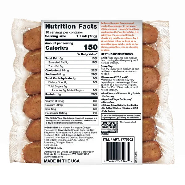 Kirkland Signature Chicken Sausage Links Parmesan & Cracked Black Pepper, 48 oz