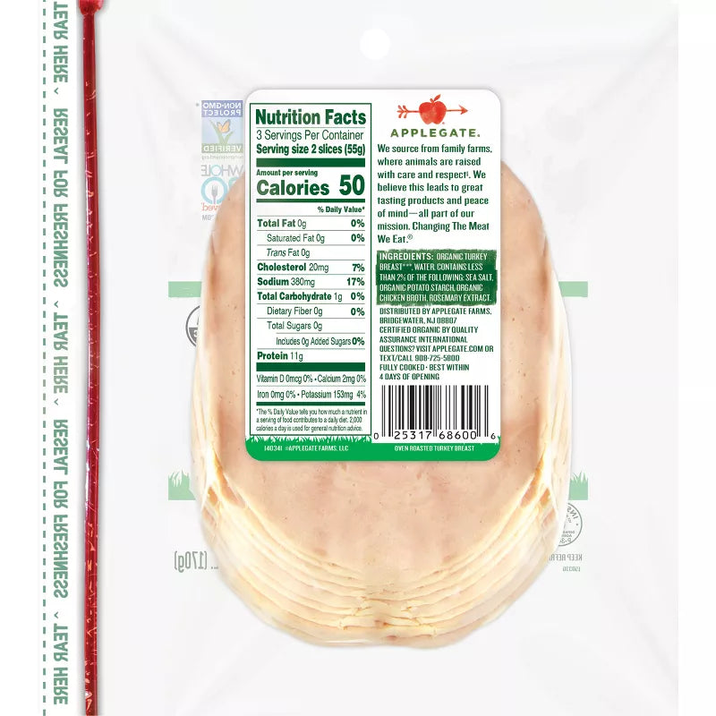 Applegate Organic Sliced Oven Roasted Turkey Breast, 6 oz