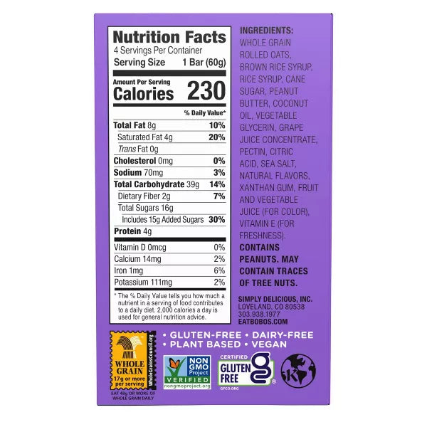 Bobo's Oat Bars Grape PB&Js, 8.4 oz