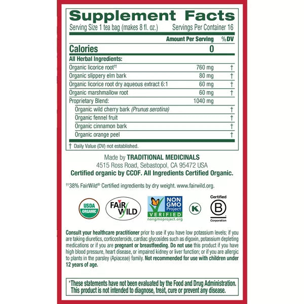 Traditional Medicinals Organic Original w/ Slippery Elm Throat Coat Tea, 16 Count