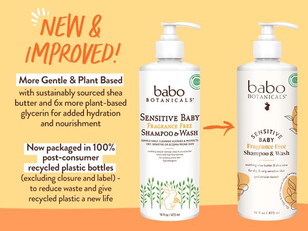 Babo Botanicals Sensitive Baby Fragrance-Free 2-in-1 Shampoo & Wash, 16 oz