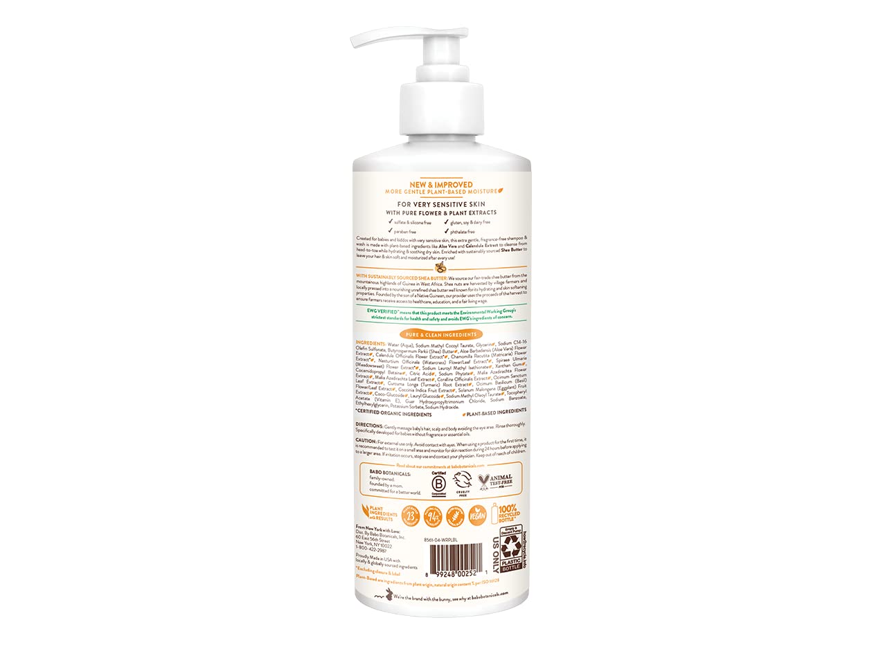 Babo Botanicals Sensitive Baby Fragrance-Free 2-in-1 Shampoo & Wash, 16 oz