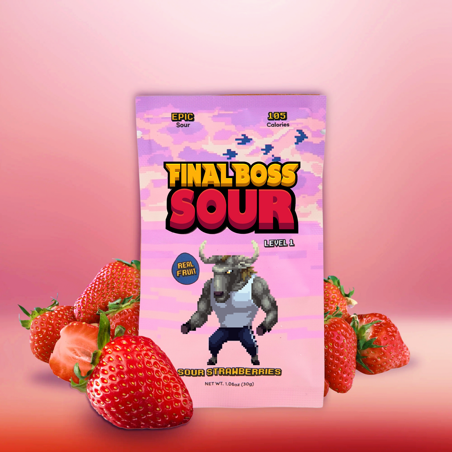 Sour Boss Level 1 Strawberries (12 pack) Dried Fruit Sour Snack