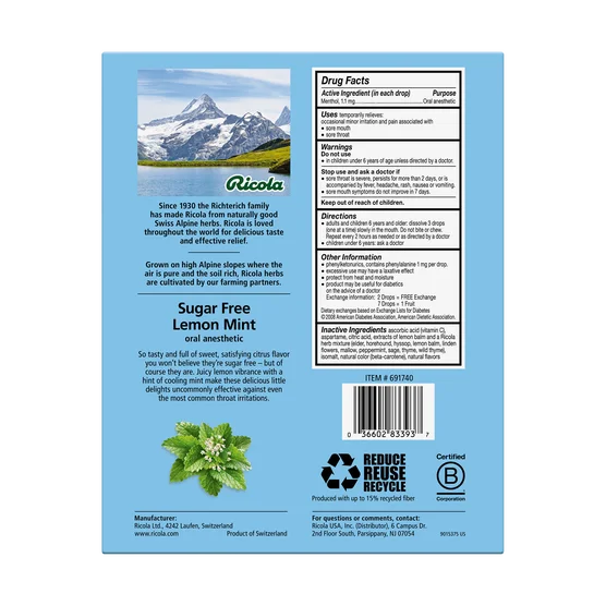 Ricola Sugar Free Lemon Mint Herb Throat Drops, 105 Drops, 2 ct