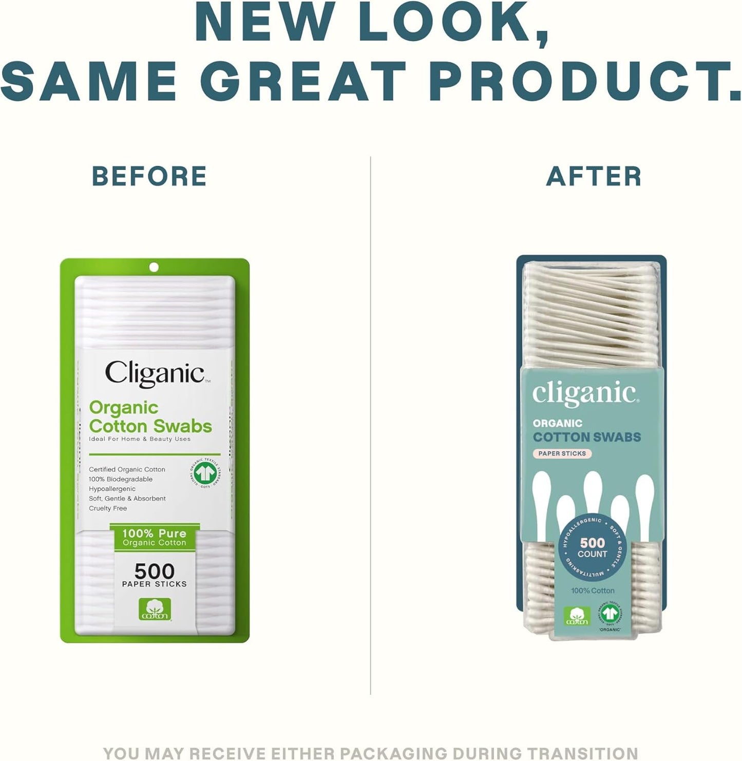 Cliganic Organic Cotton Swabs, 500 Count