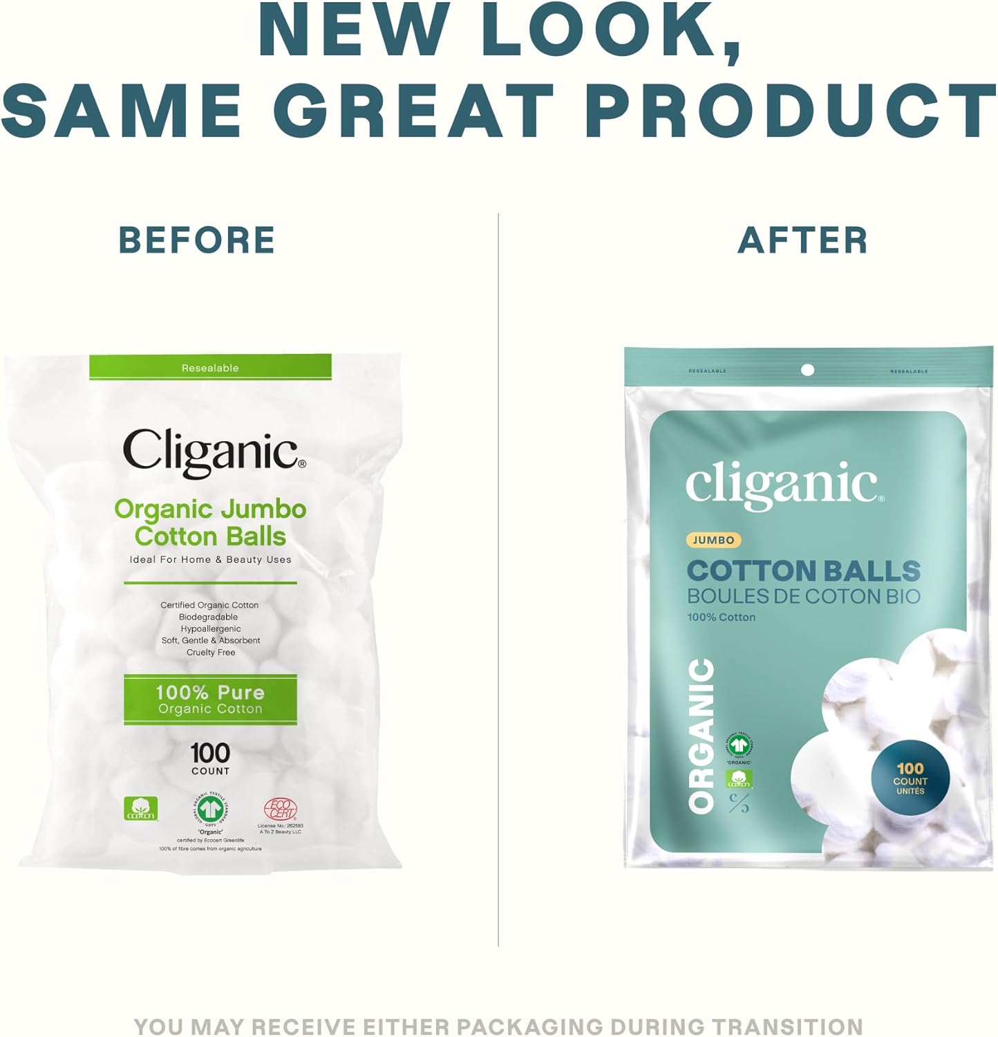 Cliganic Organic Super Jumbo Cotton Balls, 100 Count