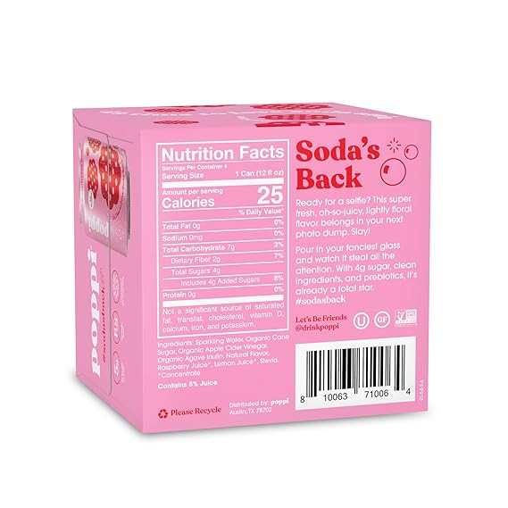 Poppi Prebiotic Rasbery Rose Soda, 4 Count