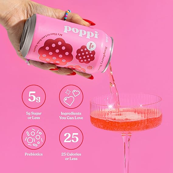 Poppi Prebiotic Rasbery Rose Soda, 4 Count