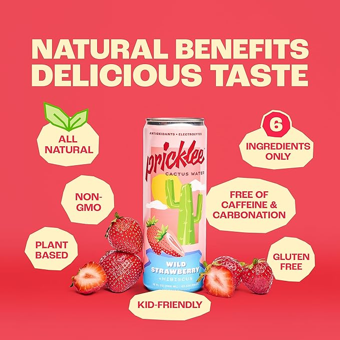 Pricklee Cactus Water Wild Strawberry + Hibiscus, 12 oz