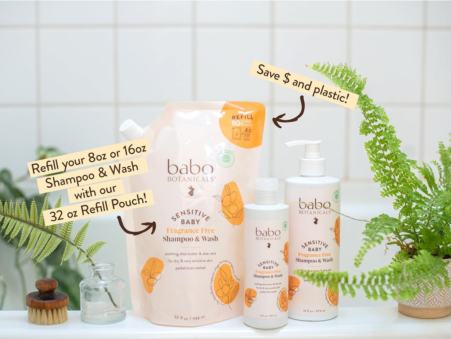 Babo Botanicals Sensitive Baby Fragrance-Free 2-in-1 Shampoo & Wash, 16 oz