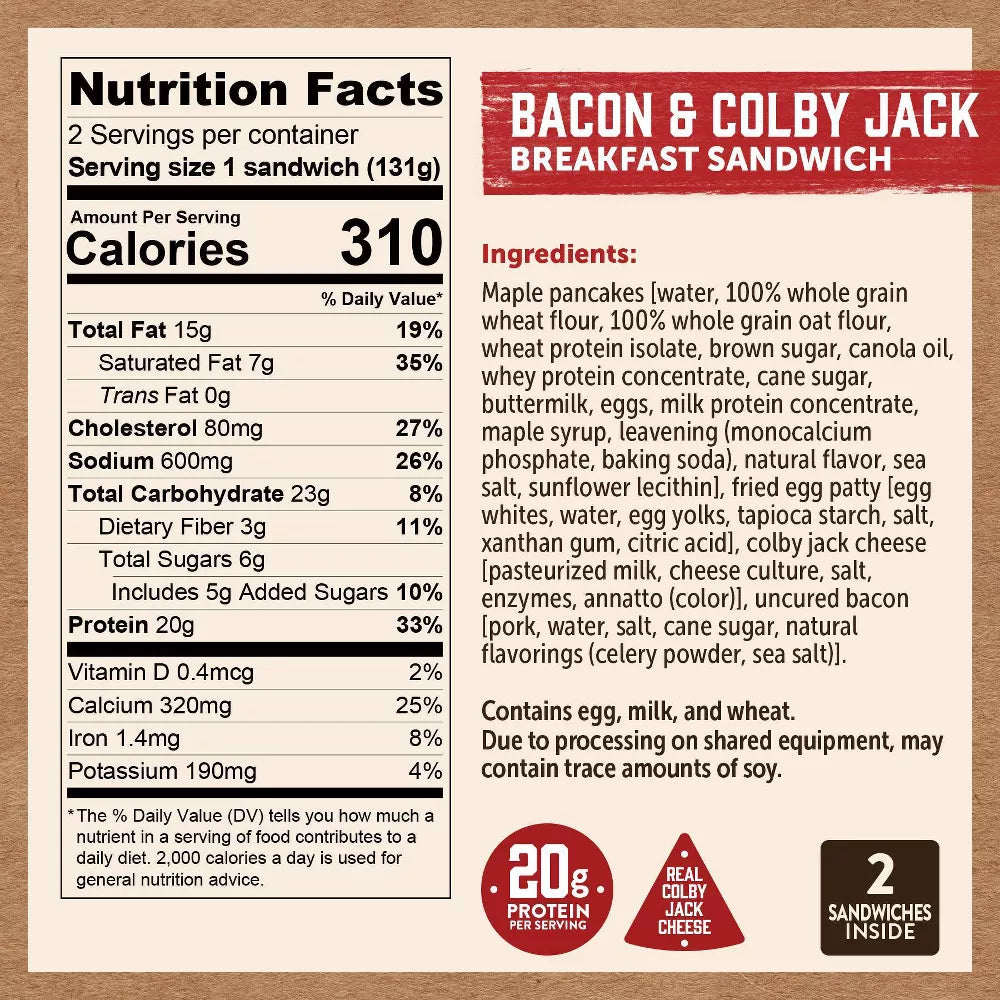 Kodiak Cakes Frozen Breakfast Sandwich Bacon and Colby Jack Cheese, 9.24 oz, 2 ct