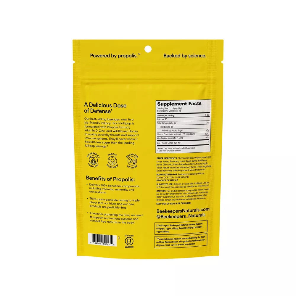 Beekeepers Naturals Kids' Propolis Immune Support Lollipops, 15 Count