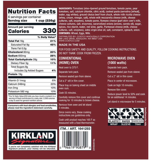Kirkland Signature Beef Lasagna 2 ct, 48 oz