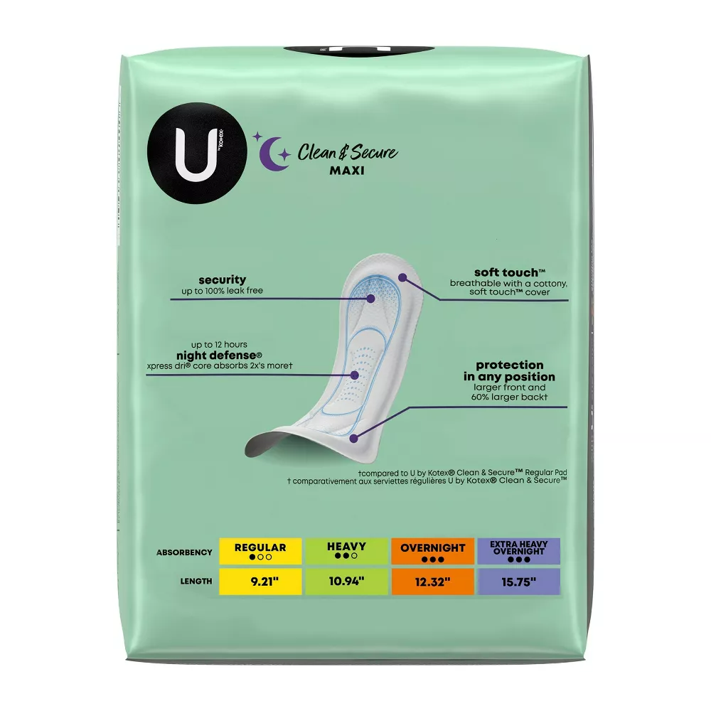 U by Kotex Clean & Secure Unscented Overnight Absorbency Fragrance Free Maxi Pads, 40 Count
