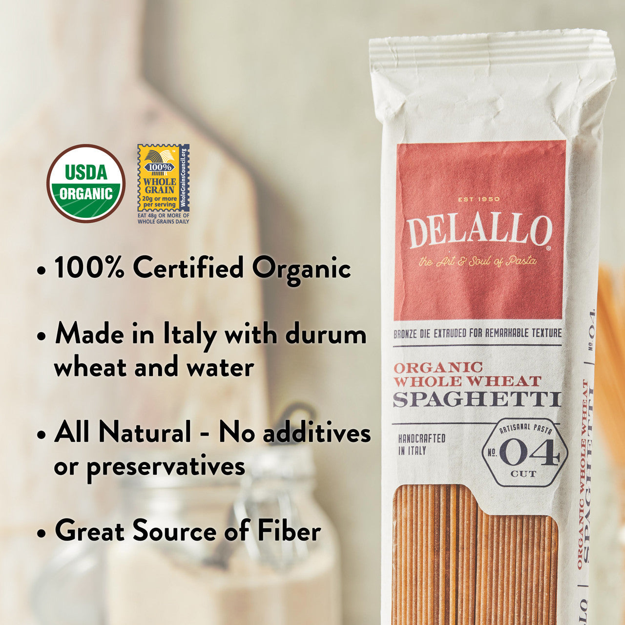 Delallo Organic Whole Wheat Spaghetti, 16 oz