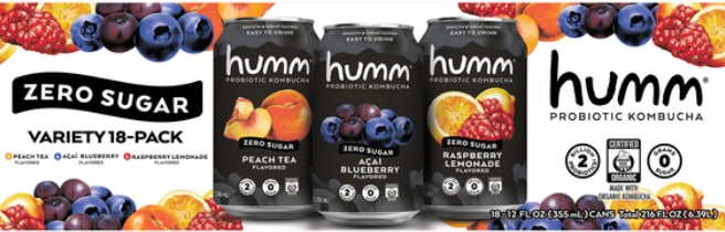 Humm Probiotic Kombucha, Zero Sugar, Variety Pack, 12 fl oz, 18 ct