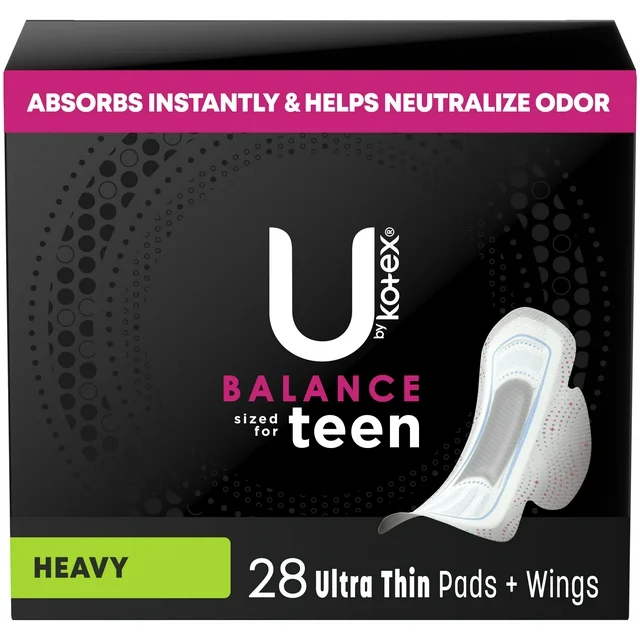 U by Kotex Balance Sized for Teens Ultra Thin Pads with Wings Heavy Absorbency, 28 Count