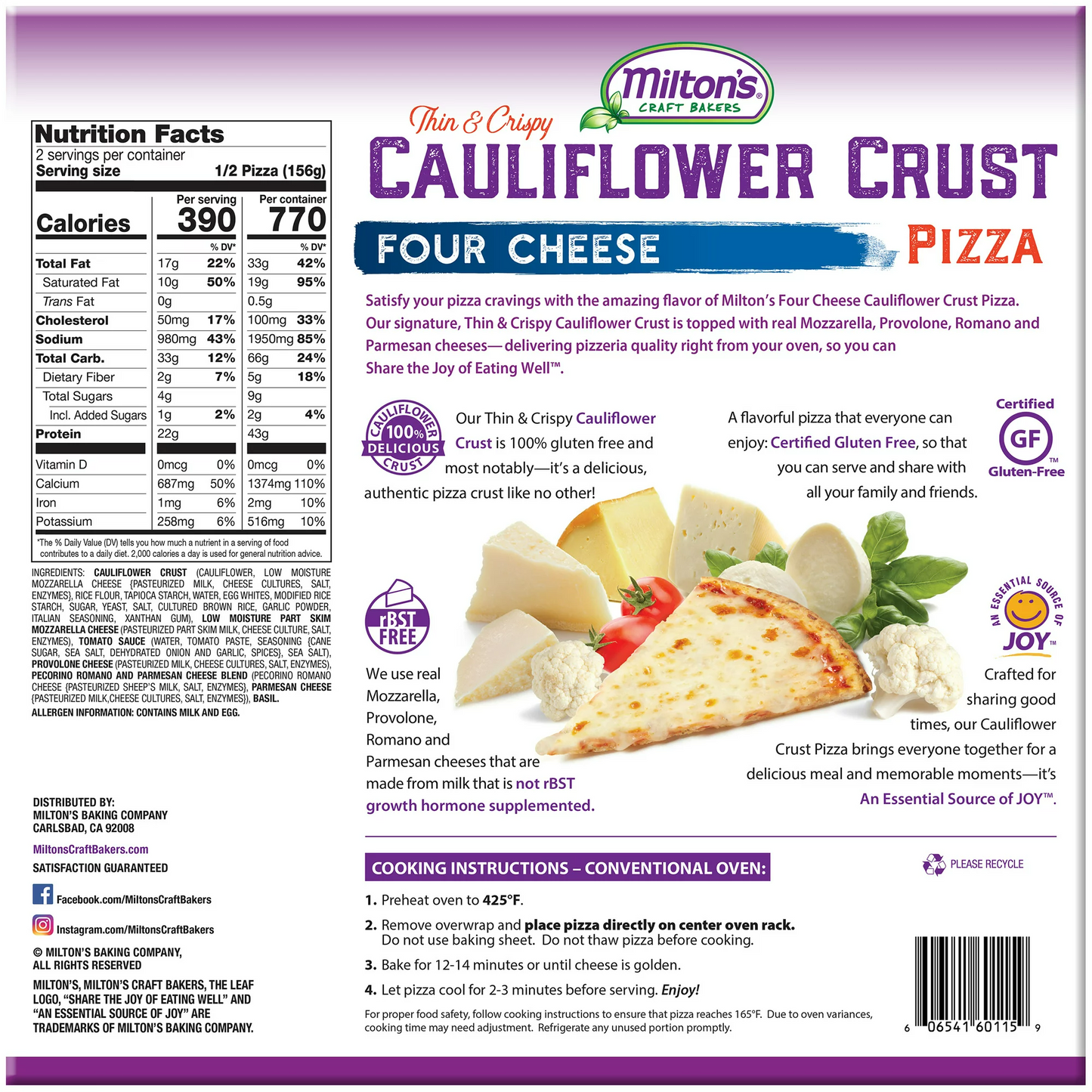 Milton's Frozen Four Cheese Cauliflower Thin Crust Pizza, 11 oz