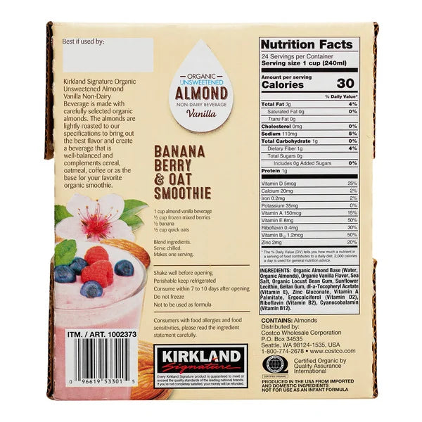 Kirkland Signature, Organic Almond Beverage, Vanilla 6 ct, 32 oz