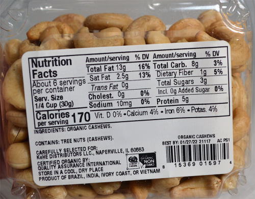 Cadia Organic Cashews, 6.5 oz