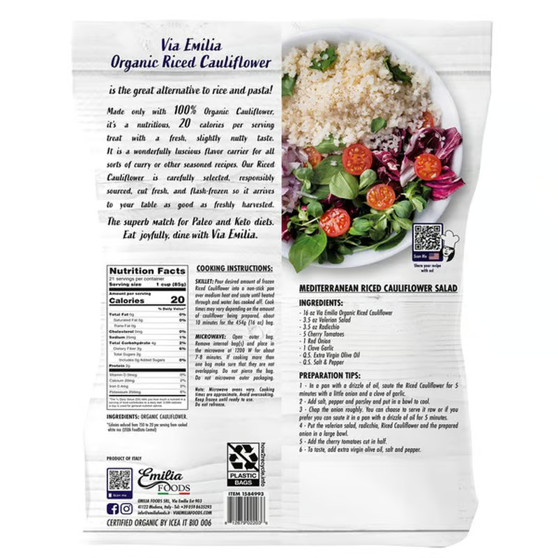 Via Emilia Organic Riced Cauliflower 4 ct, 16 oz