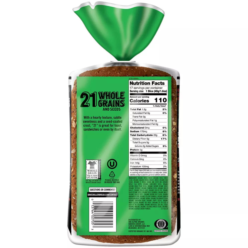 Dave's Killer Bread Organic 21 Whole Grains and Seed Bread, 27 oz