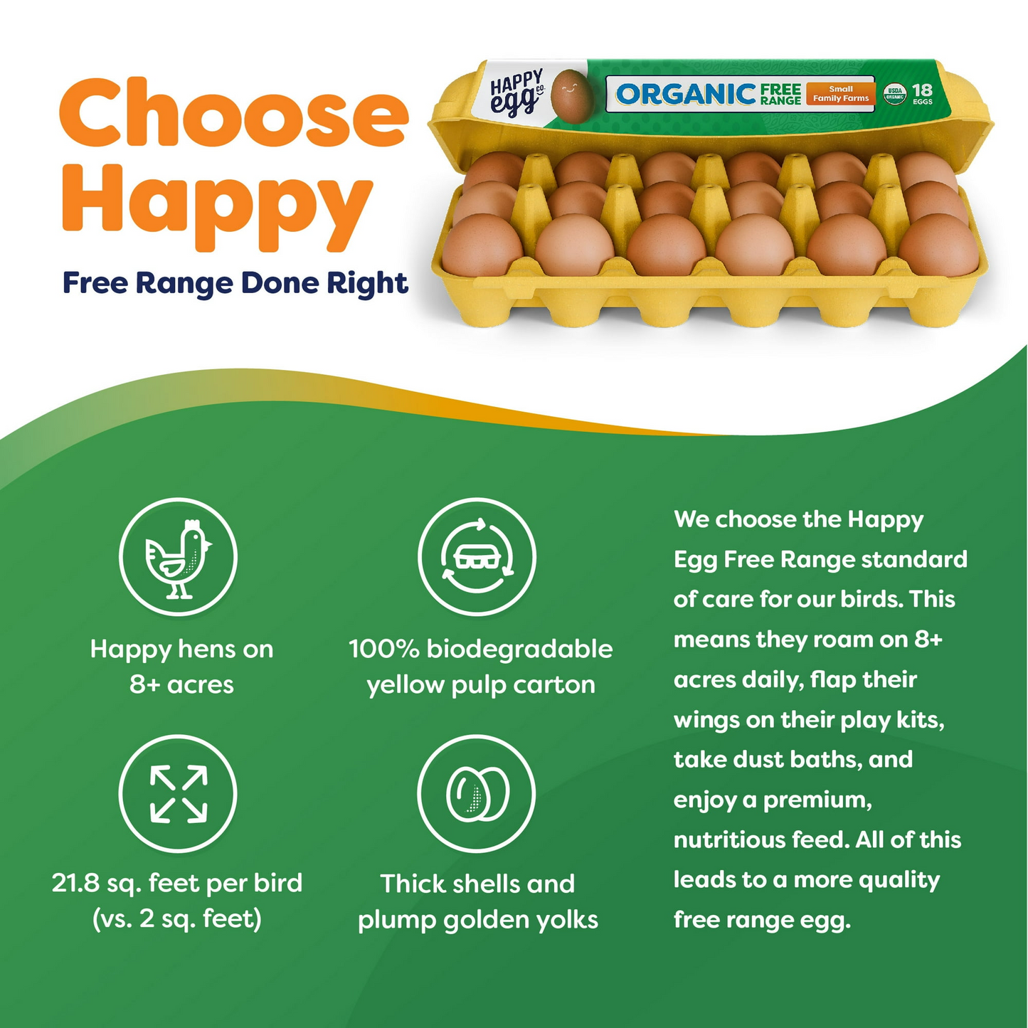 Happy Egg - Free Range Organic Large Brown Grade A Eggs - 18 count