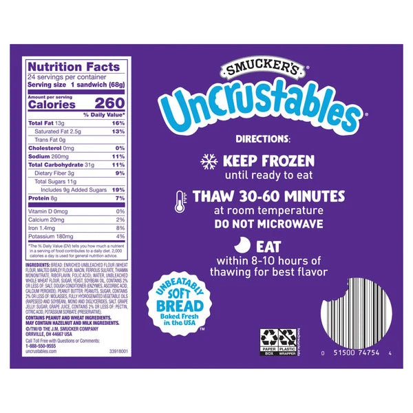 Smucker's Uncrustables, Peanut Butter & Grape Jelly Sandwich, 2.4 oz, 24 ct