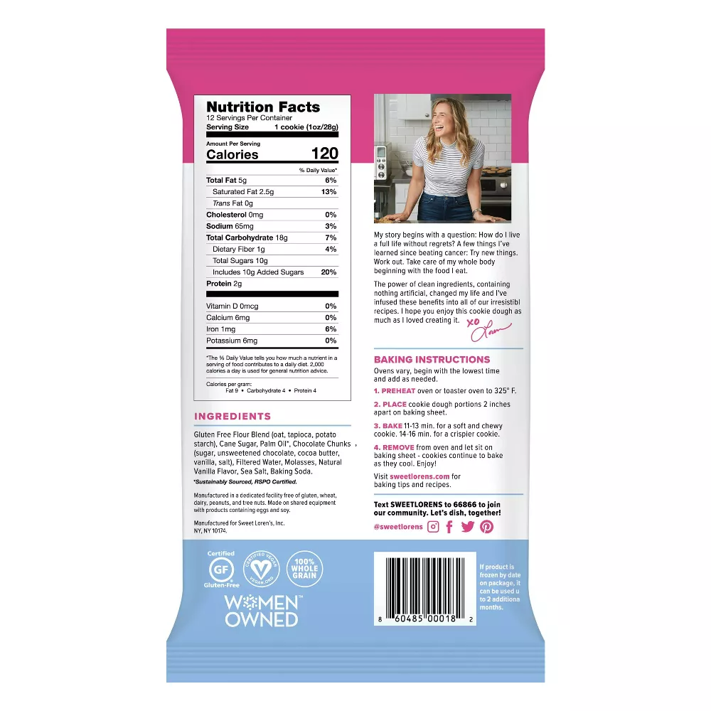 Sweet Loren's Gluten Free Vegan Chocolate Chunk Cookie Dough, 12 oz