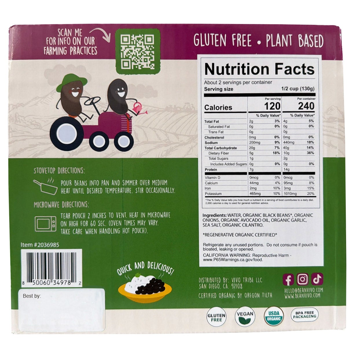 BeanVIVO Organic Seasoned Black Beans, 6 x 10 oz
