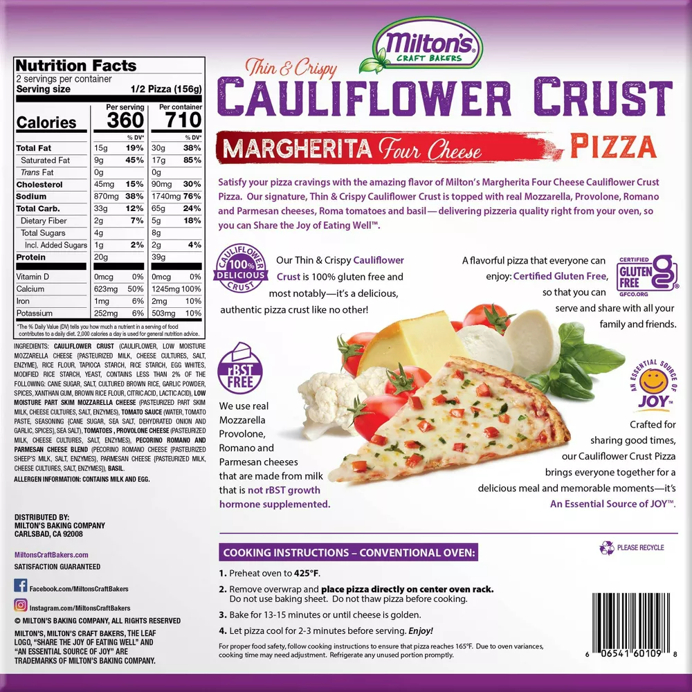 Milton's Frozen Margherita Cauliflower Crust Pizza, 11 oz