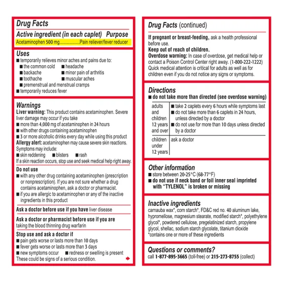 Tylenol Extra Strength Acetaminophen 500 mg, Fever Reducer & Pain Reliever, 325 Caplets
