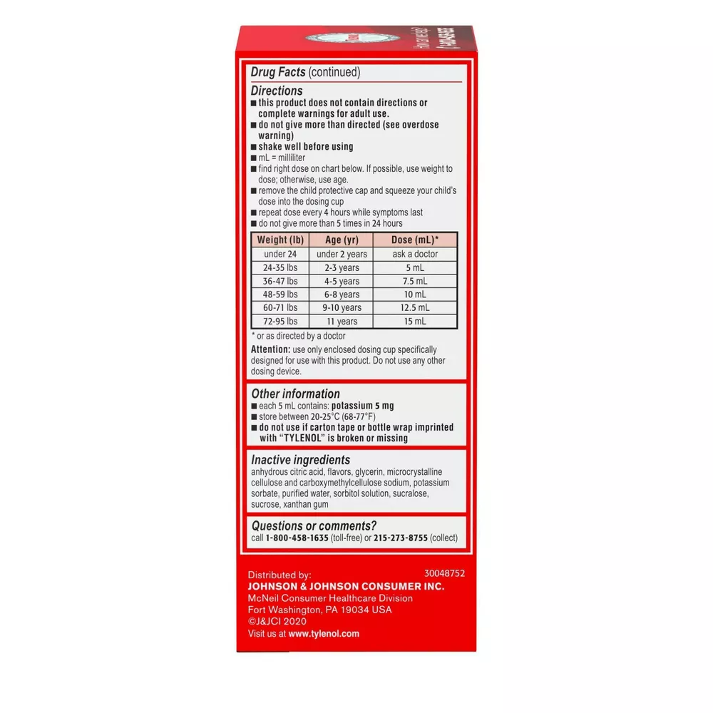 Children's Tylenol Dye-Free Pain + Fever Relief Liquid Acetaminophen Cherry, 4 oz