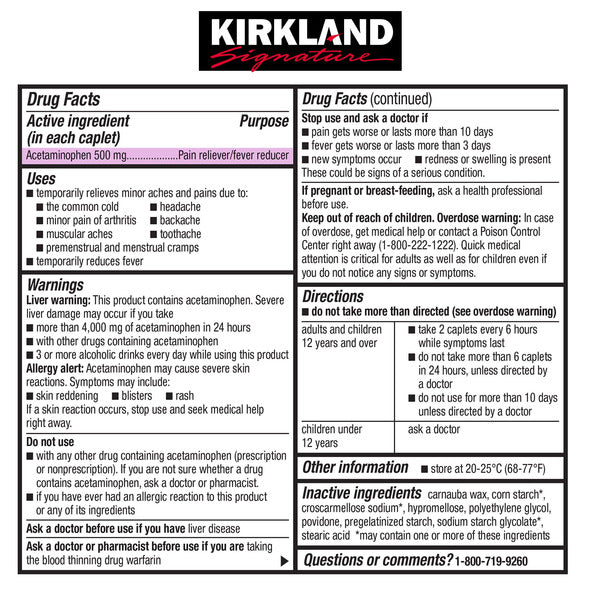 Kirkland Signature Extra Strength Acetaminophen 500 mg., 1000 Caplets