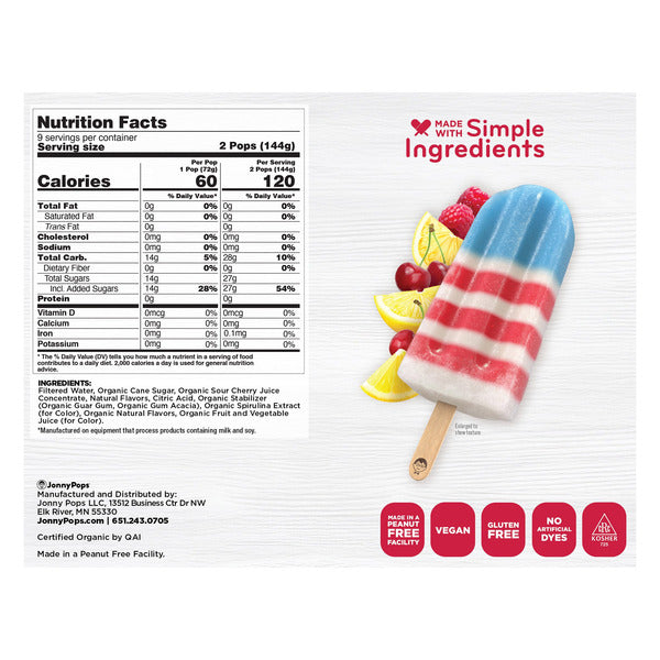 JonnyPops Organic Dairy-Free Flag Pops, 2.45 fl oz, 18-count