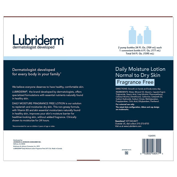 Lubriderm Daily Moisture Lotion, Fragrance Free 24 fl oz, 2-count + 6 fl oz Travel Size