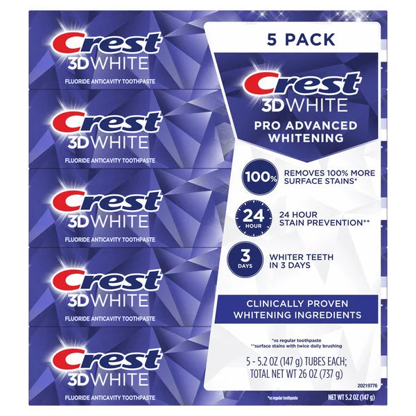 Crest 3D White Advanced Whitening Toothpaste, 5.2 oz, 5 Count
