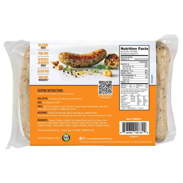 Sabatino's Organic Fire Roasted Garlic & Herb Smoked Chicken Sausage, 3 oz, 12-count