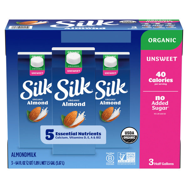 Silk Organic Almond Milk Unsweet, Half Gallon, 3-count